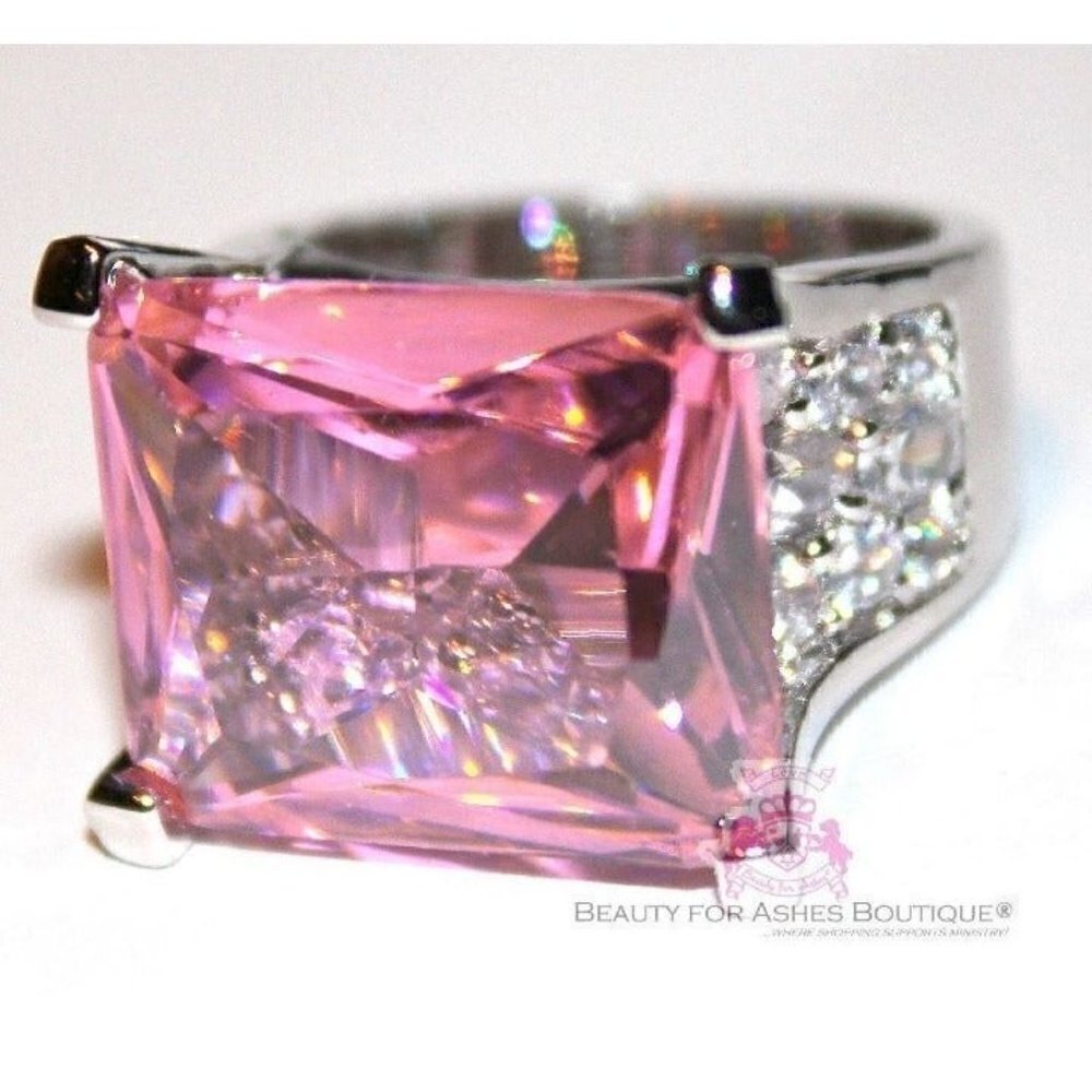 Rectangle Pink Tourmaline Ice Cz Chunky Cubic Zirconia Glam Cocktail Ring Size 7